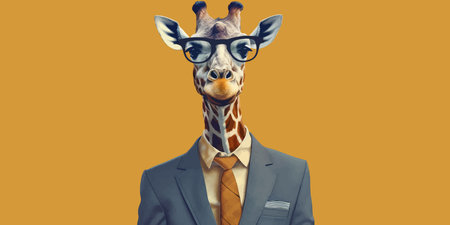 Cool Giraffe in suit, tie and glasses. Isolated on solid background. Business concept. Fashionable animals. Head. Boss. Portrait. Bright colors. 3d vector illustrationの写真素材