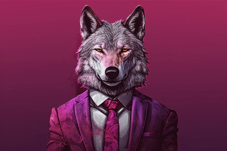 Cool Wolf in suit and tie. Isolated on solid background. Business concept. Fashionable animals. Head. Boss. Portrait. Bright colors. Copy Space. 3d vector illustrationの写真素材