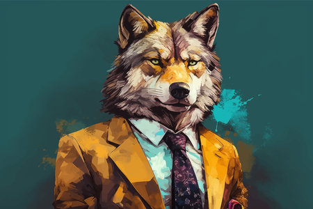 Cool Wolf in suit and tie. Isolated on solid background. Business concept. Fashionable animals. Head. Boss. Portrait. Bright colors. Copy Space. 3d vector illustrationの写真素材