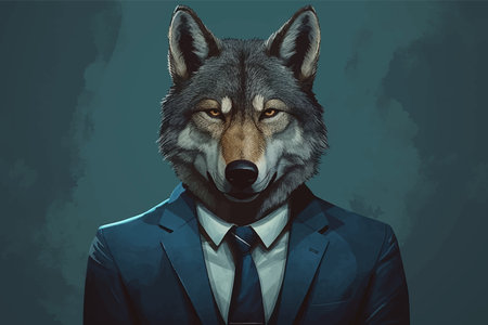 Cool Wolf in strict suit and tie. Business concept. Fashionable animals. Serious and scary. Head. Boss. Portrait Isolated on solid dark. Copy Space. 3d vector illustrationの写真素材