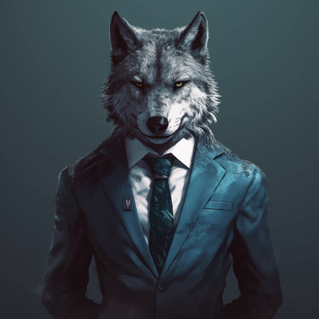 Cool Wolf in strict suit and tie. Business concept. Fashionable animals. Serious and scary. Head. Boss. Portrait Isolated on solid dark. Copy Space. 3d vector illustrationの写真素材