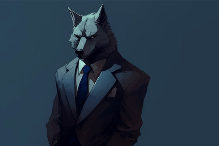 Cool Wolf in strict suit and tie. Business concept. Fashionable animals. Serious and scary. Head....