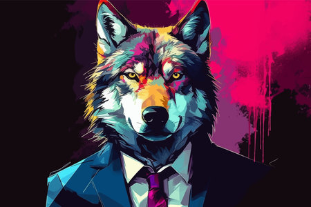 Cool Wolf in suit and tie. Isolated on solid background. Business concept. Fashionable animals....