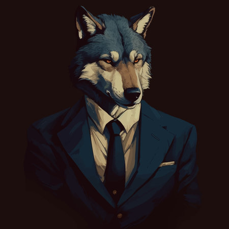Cool Wolf in strict suit and tie. Business concept. Fashionable animals. Serious and scary. Head. Boss. Portrait Isolated on solid dark. Copy Space. 3d vector illustrationの写真素材
