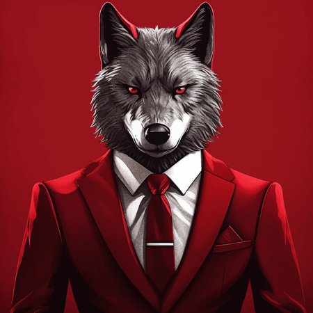 Cool Wolf in red strict suit and tie. Business concept. Fashionable animals. Red eyes. Serious and scary. Head. Boss. Portrait. Bright colors. Isolated on dark. 3d artの写真素材