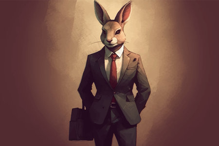 Cool Cute Rabbit in strict suit and tie with suitcase. Business concept. Fashionable animals. Bunny Head. Boss. Portrait. Isolated on solid background. Copy Space. 3d illustrationの写真素材