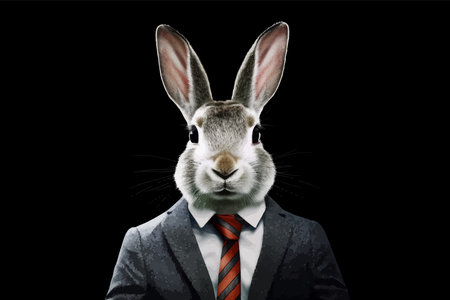 Cool Cute Rabbit in strict suit and tie. Business concept. Fashionable animals. Bunny Head. Boss. Security. Portrait. Isolated on black. Copy Space. Colorful 3d vector illustrationの写真素材