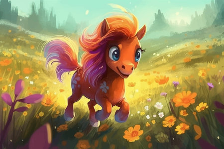 Happy little pony with big eyes. Cartoon character. Funny little horse in a meadow with flowers and butterflies. Cute pony. Fairy tale scene with horse. Illustration for children.の写真素材