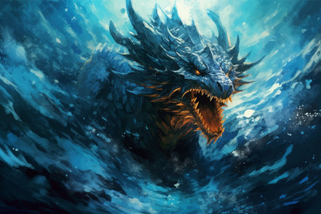 Fantasy dragon in the rain. Fierce dinosaur under a thunderstorm rain. Head of a Fantasy Evil dragon with glowing eyes. Mythical creature. Fearsome. Monster. 3D Illustrationの写真素材
