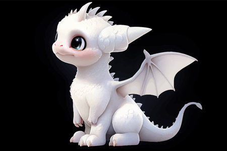 Super cute White little baby dragon with big black eyes. Fantasy monster. Small Funny Cartoon character. Fairy tale. Isolated on black. 3d vector illustration for childrenの写真素材
