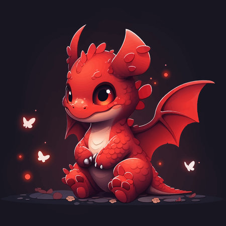 Super cute Red little baby dragon with big black eyes. Fantasy monster. Small Funny Cartoon character. Fairy tale. Isolated on black background. 3d vector illustration for childrenの写真素材