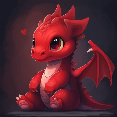 Super cute Red little baby dragon with big black eyes. Fantasy monster. Small Funny Cartoon character. Fairy tale. Isolated on black background. 3d vector illustration for childrenの写真素材