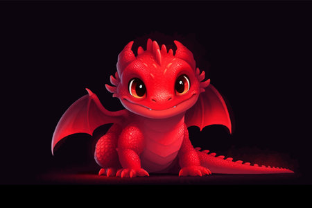 Super cute Red little baby dragon with big black eyes. Fantasy monster. Small Funny Cartoon character. Fairy tale. Isolated on black background. 3d vector illustration for childrenの写真素材