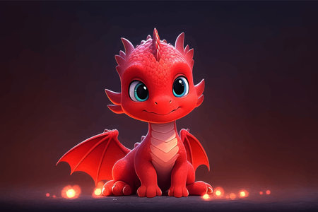 Super cute Red little baby dragon with big black eyes. Fantasy monster. Small Funny Cartoon character. Fairy tale. Isolated on black background. 3d vector illustration for childrenの写真素材