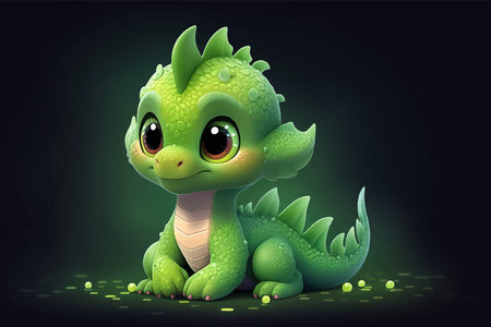 Super cute Green little baby dragon with big eyes. Fantasy monster. Small Funny Cartoon character. Fairy tale. Isolated on black background. 3d vector illustration for childrenの写真素材