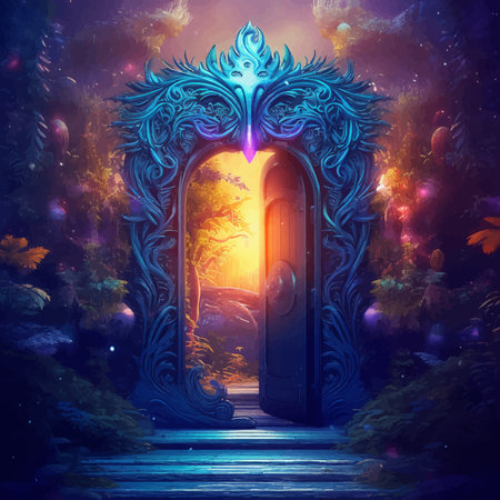 Magic Wooden door to an alien world. Magic Gate. Fantasy gate. Mysterious Entrance portal. Passage to another world. Night landscape. Fantasy Scene in the night forest. 3D artの写真素材