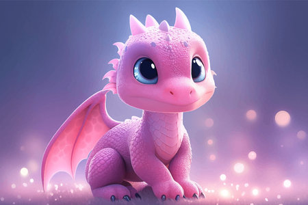 Super cute Pink little baby dragon with big black eyes. Fantasy monster. Small Funny Cartoon character. Fairy tale. Isolated on black. Full body. 3d illustration for childrenの写真素材