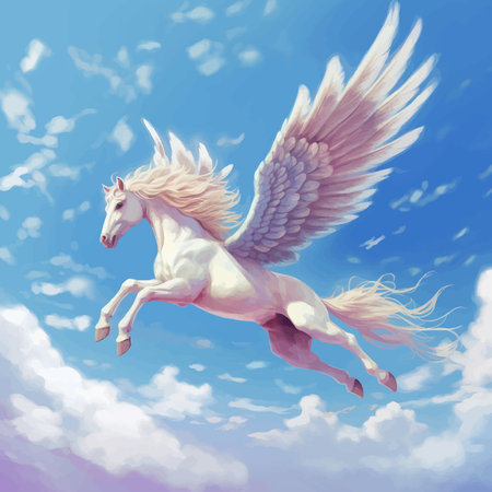 Beautiful White Pegasus flying in the blue sky with clouds. Fantastic Multicolor Horse with wings. Cute Funny cartoon character. Unicorn. Jump. Fantasy 3D illustration for childrenの写真素材