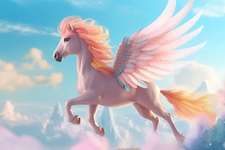 Beautiful White Pegasus flying in the blue sky with clouds. Fantastic Multicolor Horse with wings. Cute Funny cartoon character. Unicorn. Jump. Fantasy 3D illustration for childrenの写真素材