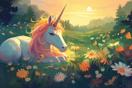 Magic White Unicorn with pink mane in the meadow with flowers. Beautiful Fantasy horse. Fairy-tale character. Fantasy scene. 3D vector illustrationの写真素材