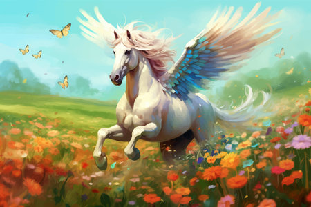 Magic White Beautiful Pegasus is running in the meadow with flowers. Fantastic Multicolor Horse with wings. Cute Funny cartoon character. Fairytale. Unicorn. Jump. Fantasy 3D artの写真素材