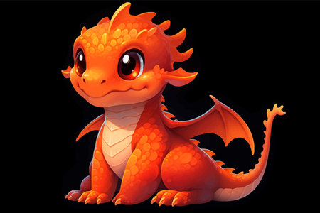 Super cute Orange little baby dragon with big eyes. Fantasy monster. Small Funny Cartoon character. Fairytale animal. Isolated on black. Full body. 3d illustration for childrenの写真素材