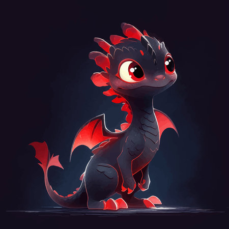Super cute Black, Red little baby dragon with big eyes. Fantasy monster. Small Funny Cartoon character. Fairytale animal. Isolated on black. Full body. 3d illustration for childrenの写真素材