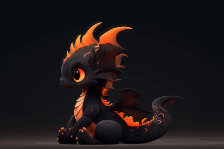 Super cute Black and Orange little baby dragon. Fantasy monster. Small Funny Cartoon character. Fairytale animal. Isolated on black. Full body. 3d illustration for childrenの写真素材