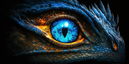 Dragon eye. Blue Eye of fire Evil Fantasy Dragon. Mythological creatures. Animal eye. Fantastic monster. Ancient reptile. Dark tones. Closeup. 3D vector illustrationの写真素材