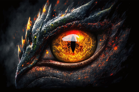 Dragon eye. Red, Yellow Eye of Evil Fantasy Fire Black Dragon. Mythological creatures. Animal eye. Fantastic monster. Ancient reptile. Dark tones. Closeup. 3D vector illustrationの写真素材