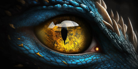 Dragon eye. Yellow Eye of Evil Blue Fantasy Dragon. Golden. Mythological creatures. Animal eye. Fantastic monster. Ancient reptile. Dark tones. Closeup. 3D vector illustrationの写真素材