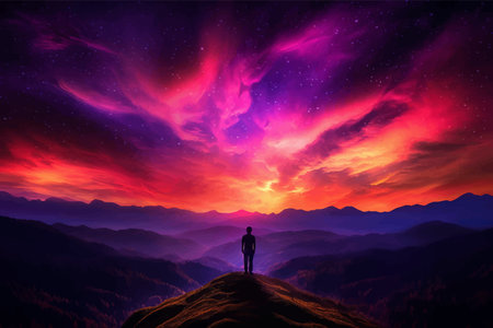 Silhouette of a man standing on top of a mountain and looking at the sunset. Fantastic Sunrise. Colorful starry sky. Fantasy alien planet. Mountain and man. Landscape. Vector artの写真素材