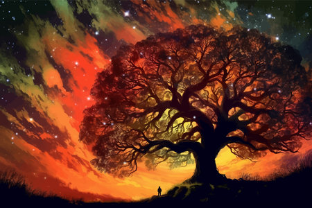 Man and magic old tree. Fantasy landscape with a magic tree and a man. Silhouette of a man on the background of a big tree. Sunset scene. Sunrise. Fairy tale. Vector illustrationの写真素材