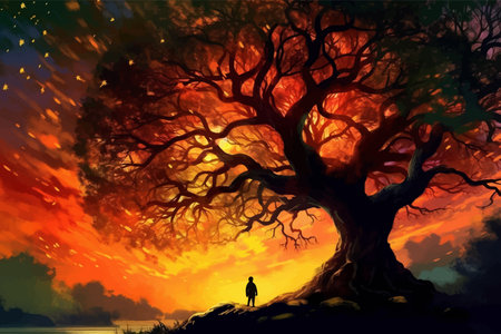 Man and magic old tree. Fantasy landscape with a magic tree and a man. Silhouette of a man on the background of a big tree. Sunset scene. Sunrise. Fairy tale. Vector illustrationの写真素材