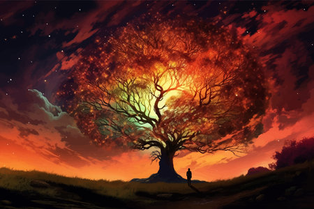 Man and magic old tree. Fantasy landscape with a magic tree and a man. Silhouette of a man on the...