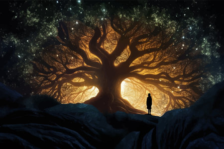 Man and magic old tree. Fantasy landscape with a magic tree and a man. Silhouette of a man on the...