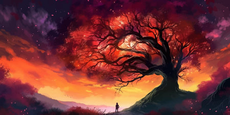 Man and magic old tree. Fantasy landscape with a magic tree and a man. Silhouette of a man on the...