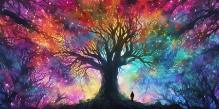 Man and magic old tree. Fantasy landscape with a magic tree and a man. Silhouette of a man on the background of a big tree. Sunset scene. Sunrise. Fairy tale. Vector illustrationの写真素材