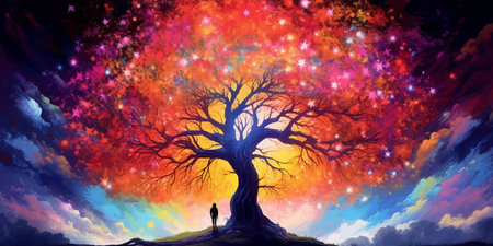 Man and magic old tree. Fantasy landscape with a magic tree and a man. Silhouette of a man on the background of a big tree. Sunset scene. Sunrise. Fairy tale. Vector illustrationの写真素材