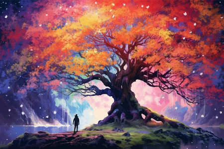 Man and magic old tree. Fantasy landscape with a magic tree and a man. Silhouette of a man on the background of a big tree. Sunset scene. Sunrise. Fairy tale. Vector illustrationの写真素材