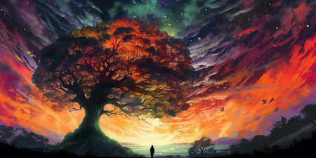 Man and magic old tree. Fantasy landscape with a magic tree and a man. Silhouette of a man on the...