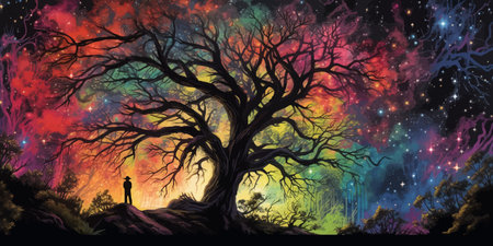 Man and magic old tree. Fantasy landscape with a magic tree and a man. Silhouette of a man on the background of a big tree. Sunset scene. Sunrise. Fairy tale. Vector illustrationの写真素材