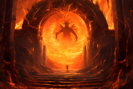 Entrance to hell. Portal to hell. Gateway. Road to hell. Burning. Flame. Demon in the fire. Horror...