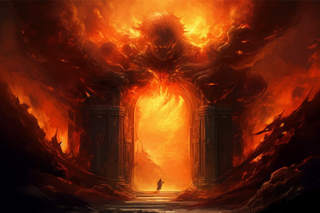 Entrance to hell. Portal to hell. Gateway. Road to hell. Burning. Flame. Demon in the fire. Horror...