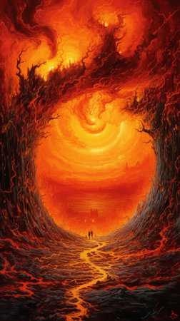 Silhouette of man in Hell. Passage. Portal to hell. Gate to hell. Road to hell. Demon. Horror scene....