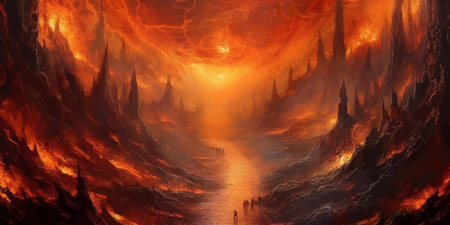 Silhouette of man in Hell. Passage. Portal to hell. Gate to hell. Road to hell. Demon. Horror scene....