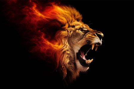 Lion Roaring. Head of Lion with a fiery mane. The majestic King of beasts with a flaming,  blazing mane. Regal and powerful. Wild animal. Ferocious Roar. Fire. Digital paintingの写真素材