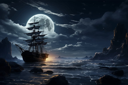 Pirate ship on the ocean at full moon background. Old Sailing ship in the sea. Expedition ship. Travelers. Sea horizon. Quiet water. Night Seascape. Digital Paintingの写真素材