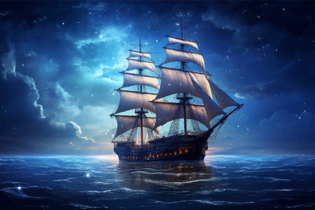 Pirate ship on the ocean at full moon background. Old Sailing ship in the sea. Expedition ship....