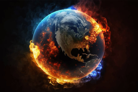 Earth in fire and smoke. Earth planet burning in fire and smoke on dark background. The concept of harm to nature. Taking care of the planet. 3D Digital illustrationの写真素材